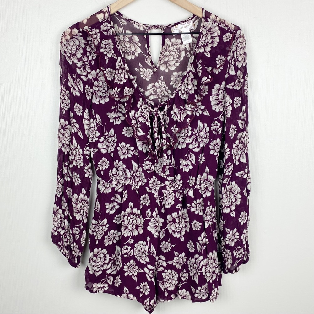 Band of‎ Gypsies Romper Womens S Purple Floral Elastic Waist Lined Ruffle V-Neck